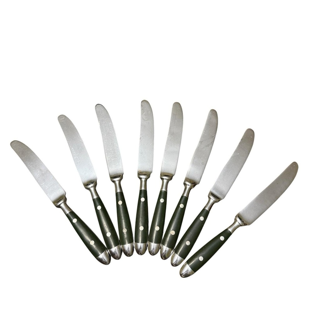 Set 8 Stainless Steel Dinner Knives Green Rivet Handle Flatware Vintage